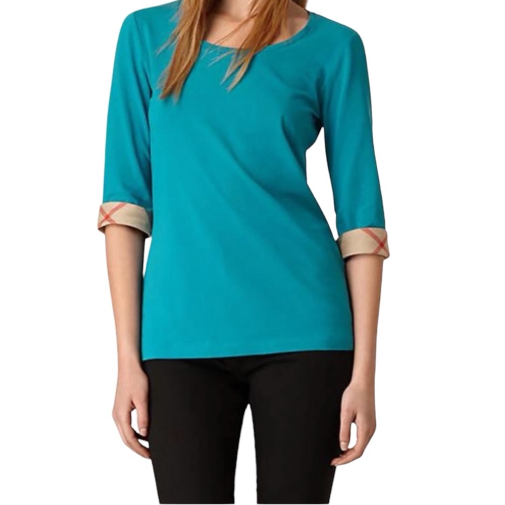 Burberry Brit Teal 3/4 Sleeve Scoop Neck Cotton Top Nova Check Contrast Cuff S